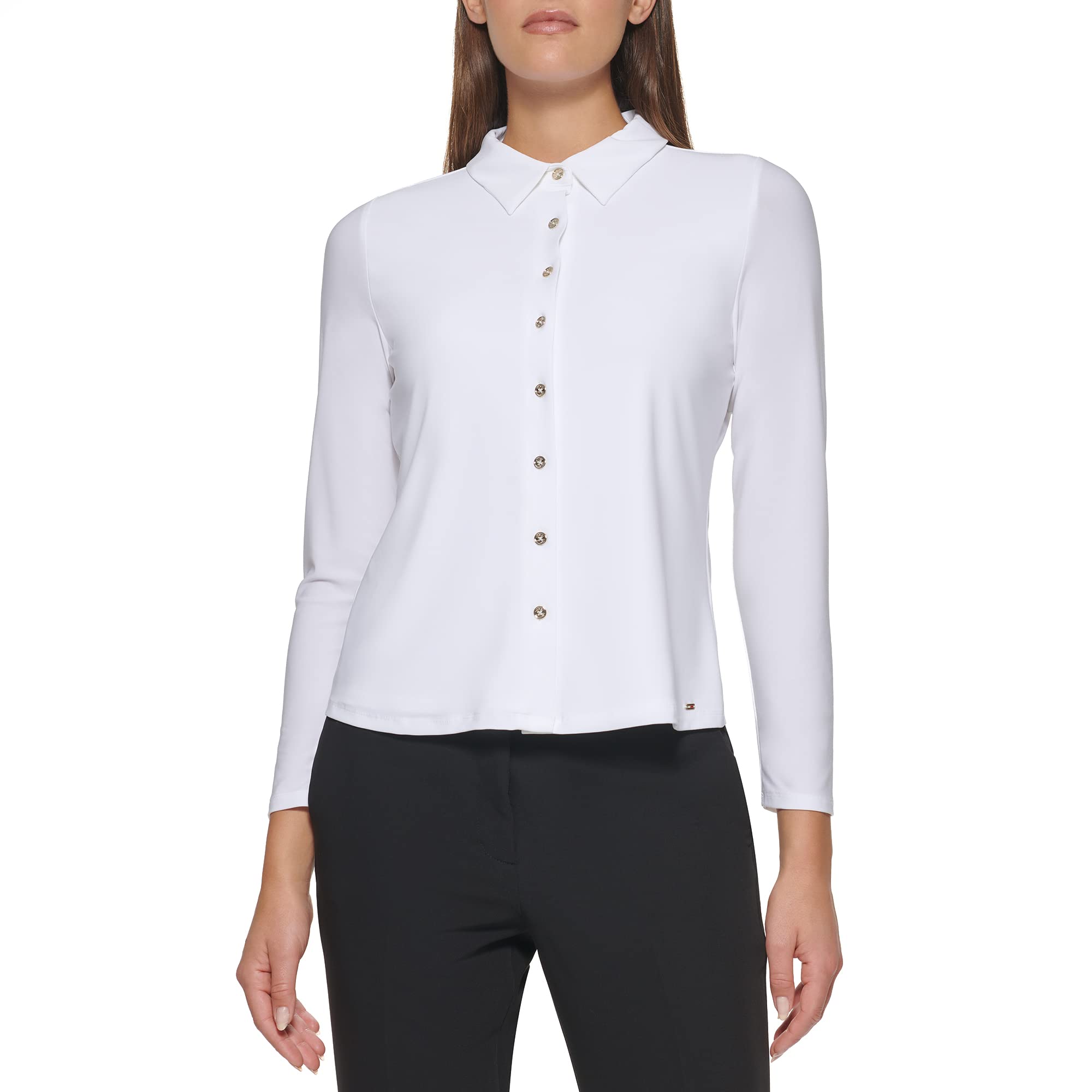 Tommy Hilfiger Camiseta de manga larga con cuello y botones frontales para mujer