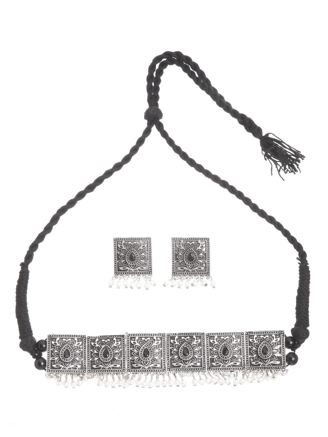 Latest Stylish Traditional Oxidised Silver Necklace Jewellery Set for Women (13143s), One Size
