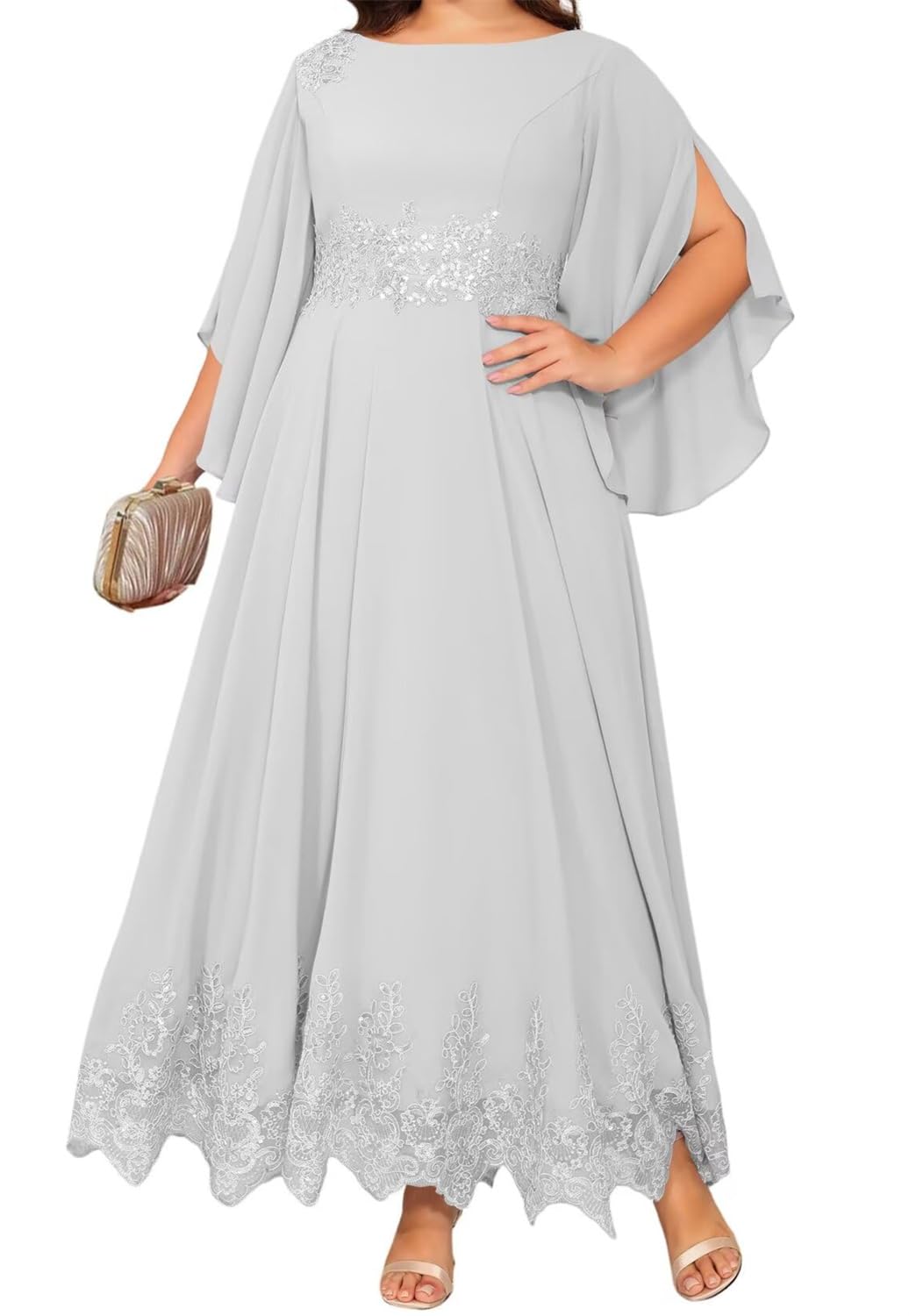 YIANN Silver Mother of The Groom Dresses for Women Plus Size Chiffon Formal Party Gown with Sleeves UK20