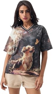 The Souled Store Pets On Prints: Dreamy Doggo Women and Girls Short Sleeves V-Neck Dark Grey Graphic Printed Polyester Qui... Price In India