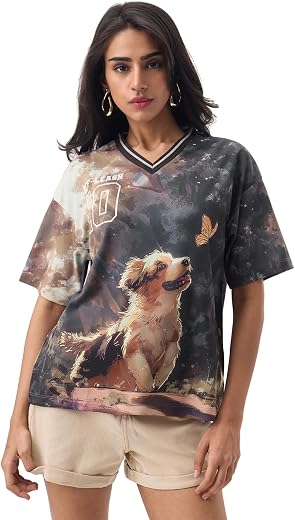The Souled Store Pets On Prints: Dreamy Doggo Women and Girls Short Sleeves V-Neck Dark Grey Graphic Printed Polyester Qui...