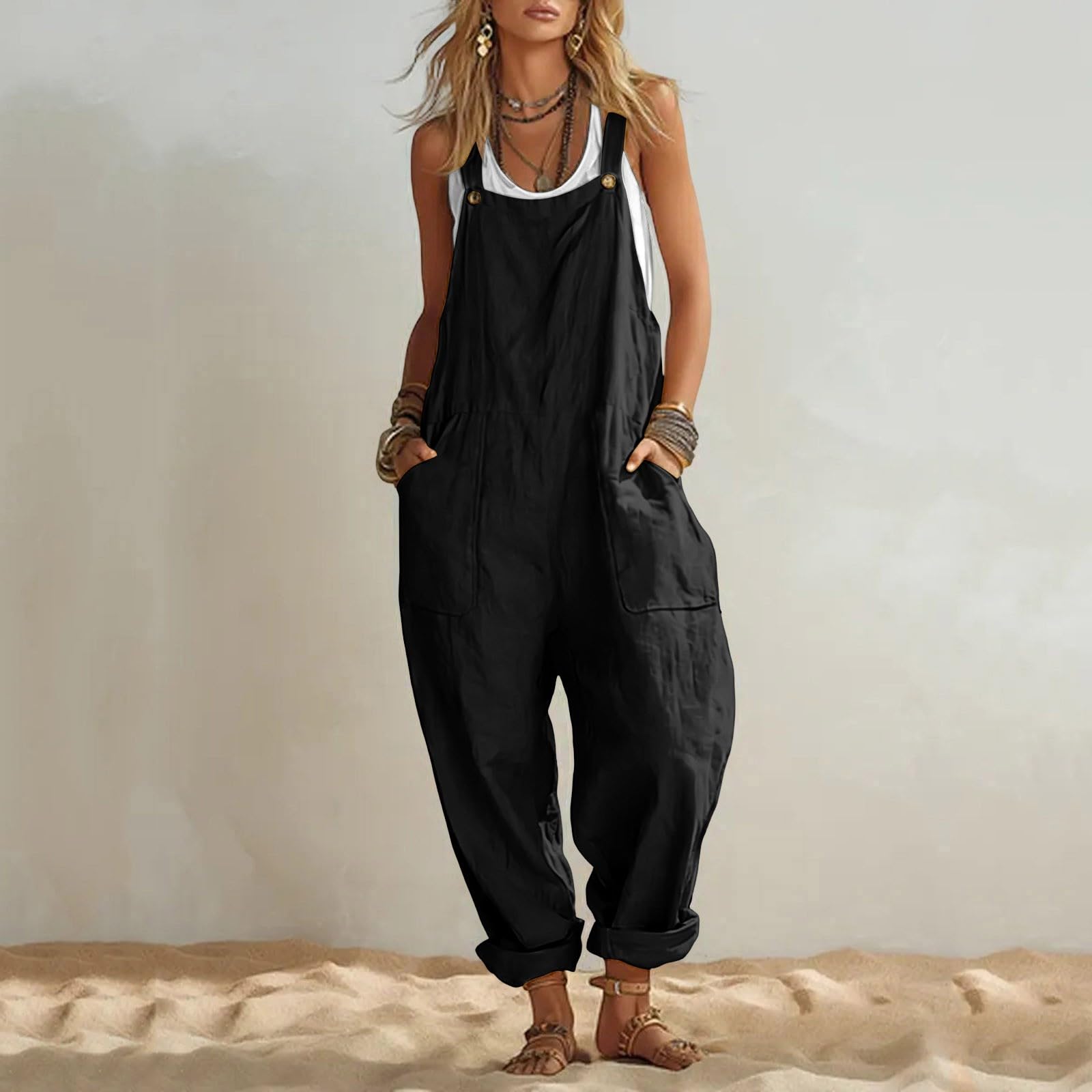 Salopette estive da donna a gamba larga, con tasche | Pantaloni estivi traspiranti, eleganti, senza maniche, per vacanze e uso quotidiano