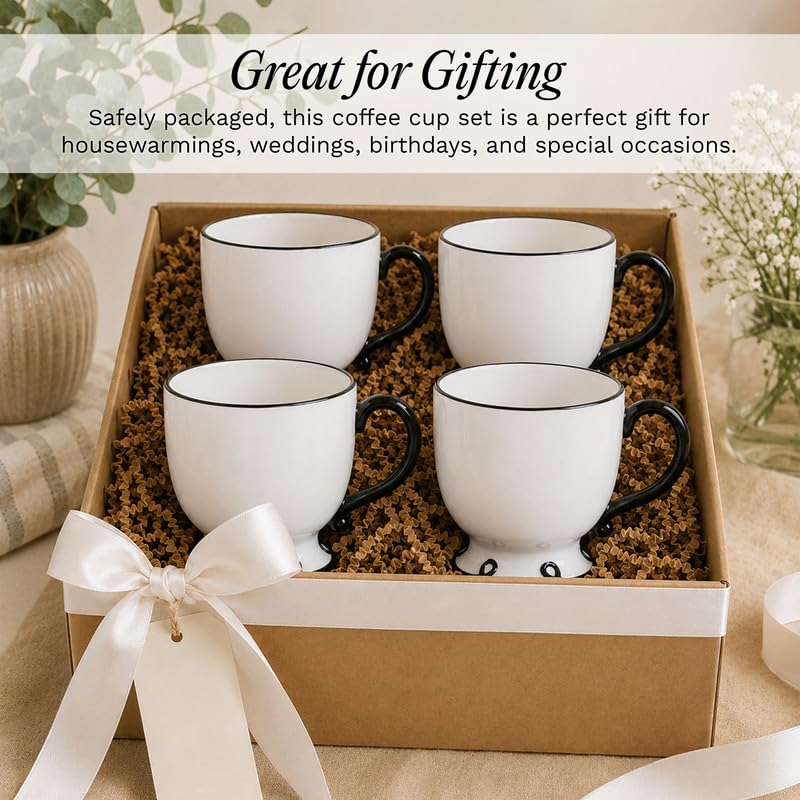 Image of SANGO Splash of Cheers Large Mugs Set of 4, 16 oz Stoneware Black and White Coffee Mugs, Ceramic Drinkware for Coffee or Tea, Durable Everyday Cups, Dishwasher & Microwave Safe, Scalloped Mug Set