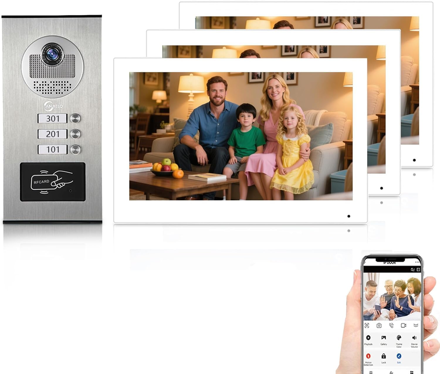 ANJIELO SMART Zestaw Wideodomofonowy 1080P – 7-calowy Monitor, Obsługa 2–12 Mieszkań, Detekcja Ruchu, Rozmowy Dwukierunkowe, Integracja z Tuya, Slot na Kartę 32GB（Trzy rodziny）