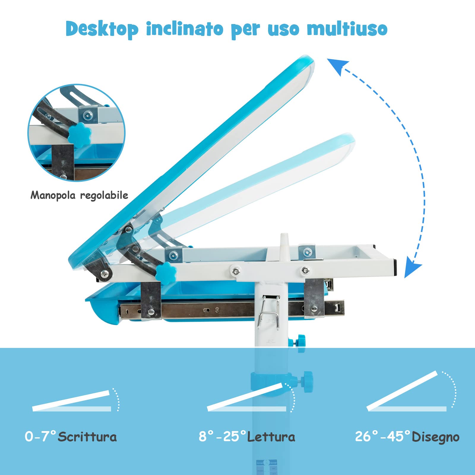 COSTWAY Set Scrivania e Sedia per Bambini, Set Tavolo con Altezza Regolabile per Bambini, Tavolo per Studiare con Superficie Inclinabile (Blu)