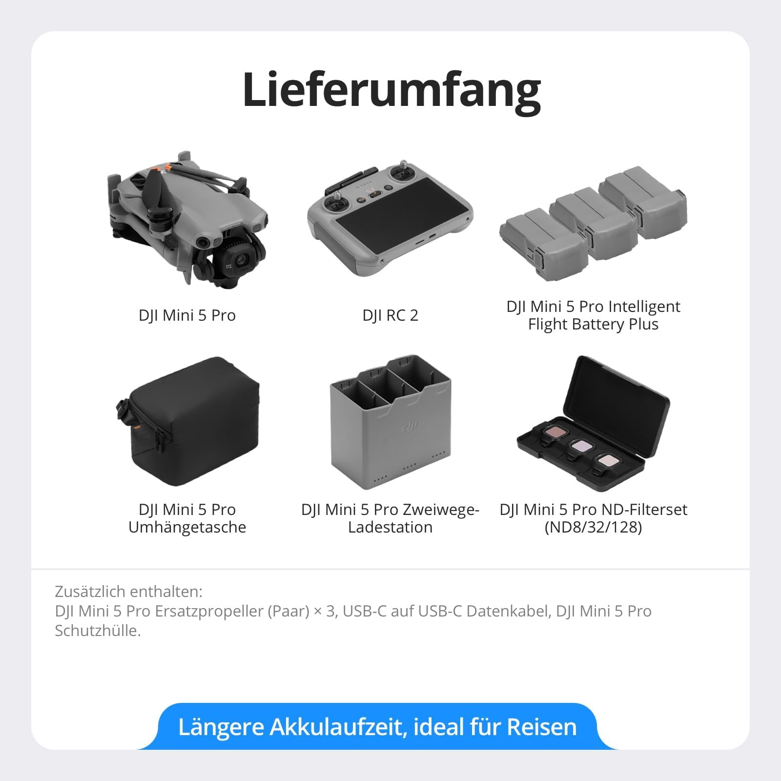 DJI Mini 5 Pro Fly More Combo Plus mit DJI RC 2, 4K Drohne mit Kamera, 1-Zoll CMOS, Hinderniserkennung, ActiveTrack 360°, 225°-Gimbal-Rotation, 3 Akku, C1 (Drohne)