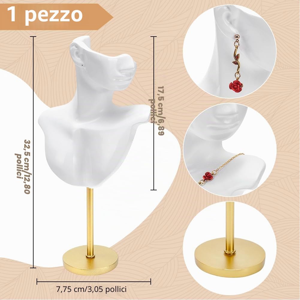 UNICRAFTALE Gioielli Mannequin Espositore in Resina Bianca Corpo Laterale Modello Busto Gioielli E Orecchino Espositore Con Base In Metallo Per Orecchini E Collane 7.75x17.5x32.5cm