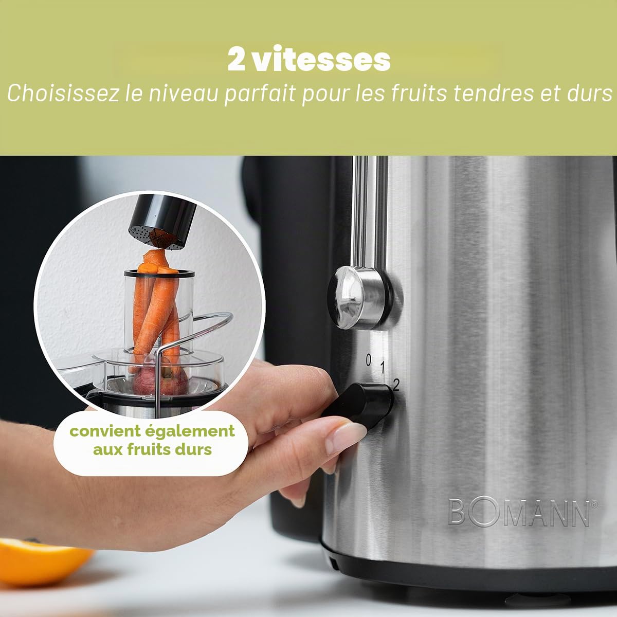BOMANN, AE1917CB, Centrifugeuse professionnelle, 1000 W, 2 Litres, Cheminée de remplissage extra-large, Moteur à 2 vitesses réglables, Verrouillage avec bouton de sécurité, Noir/Argent