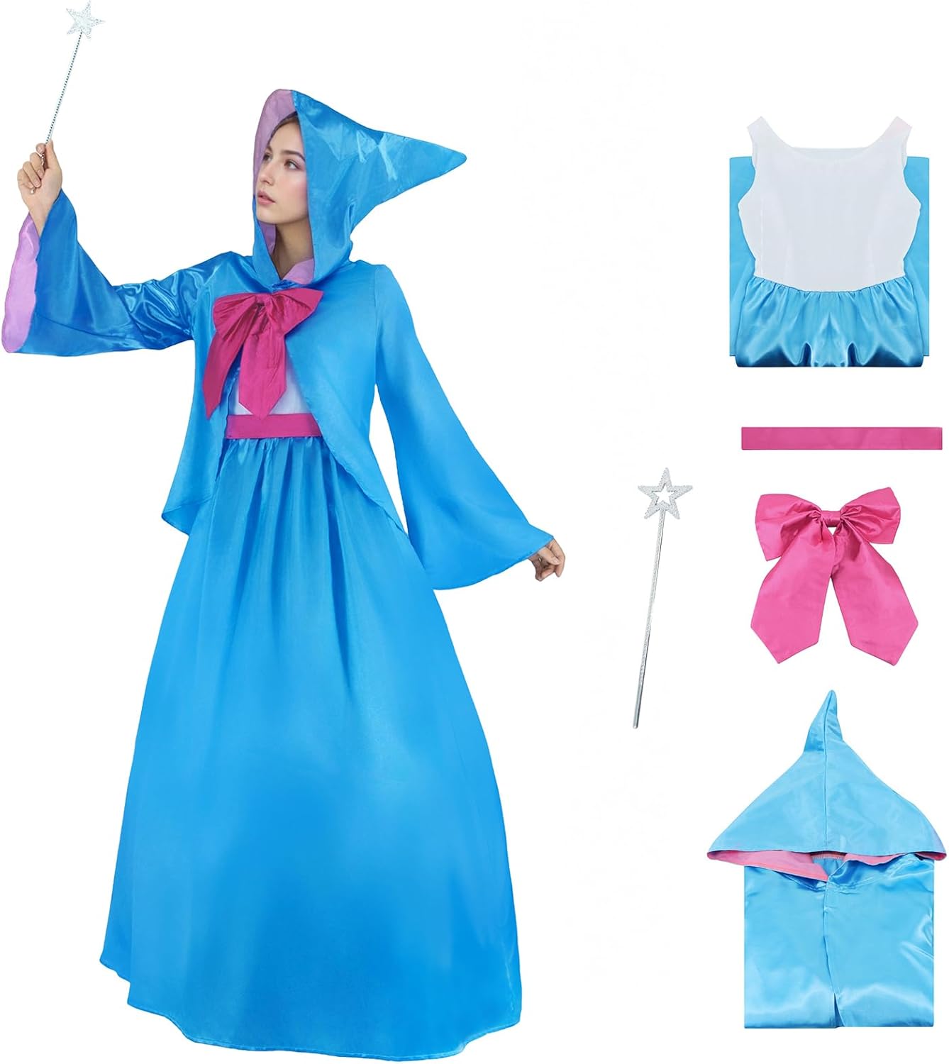 Fairy Cosplay Godmother Costume Women Hooded Cloak Cape Sleeveless Shirt Dress Magic Wand Bowtie Halloween Outfits
