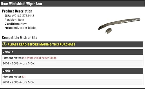 Brazo del limpiaparabrisas trasero con hoja - Compatible con Acura MDX 2001-2006