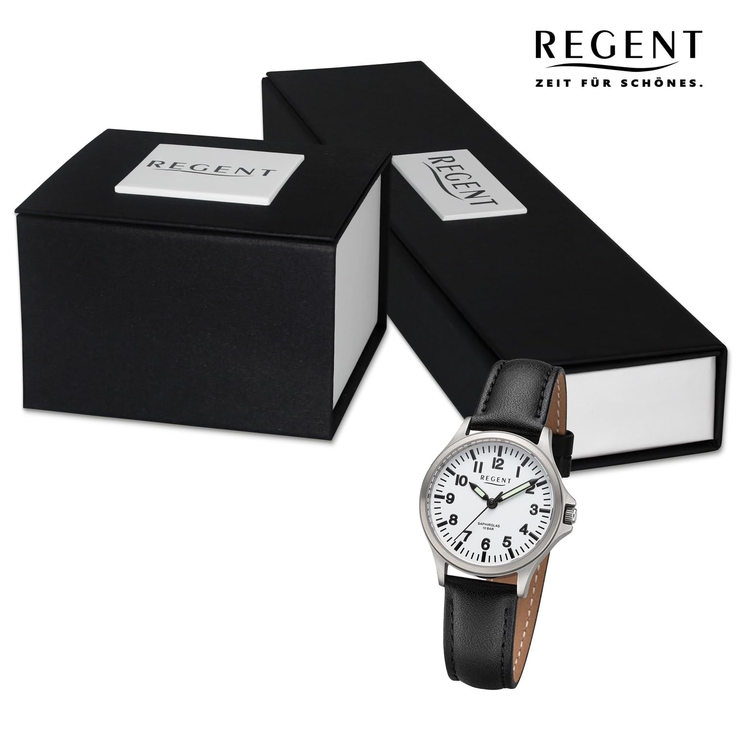 REGENT Orologio da donna unisex in titanio con cinturino in pelle, analogico, 10 ATM, vetro zaffiro 3287.90.19, Cinturino in pelle bianco