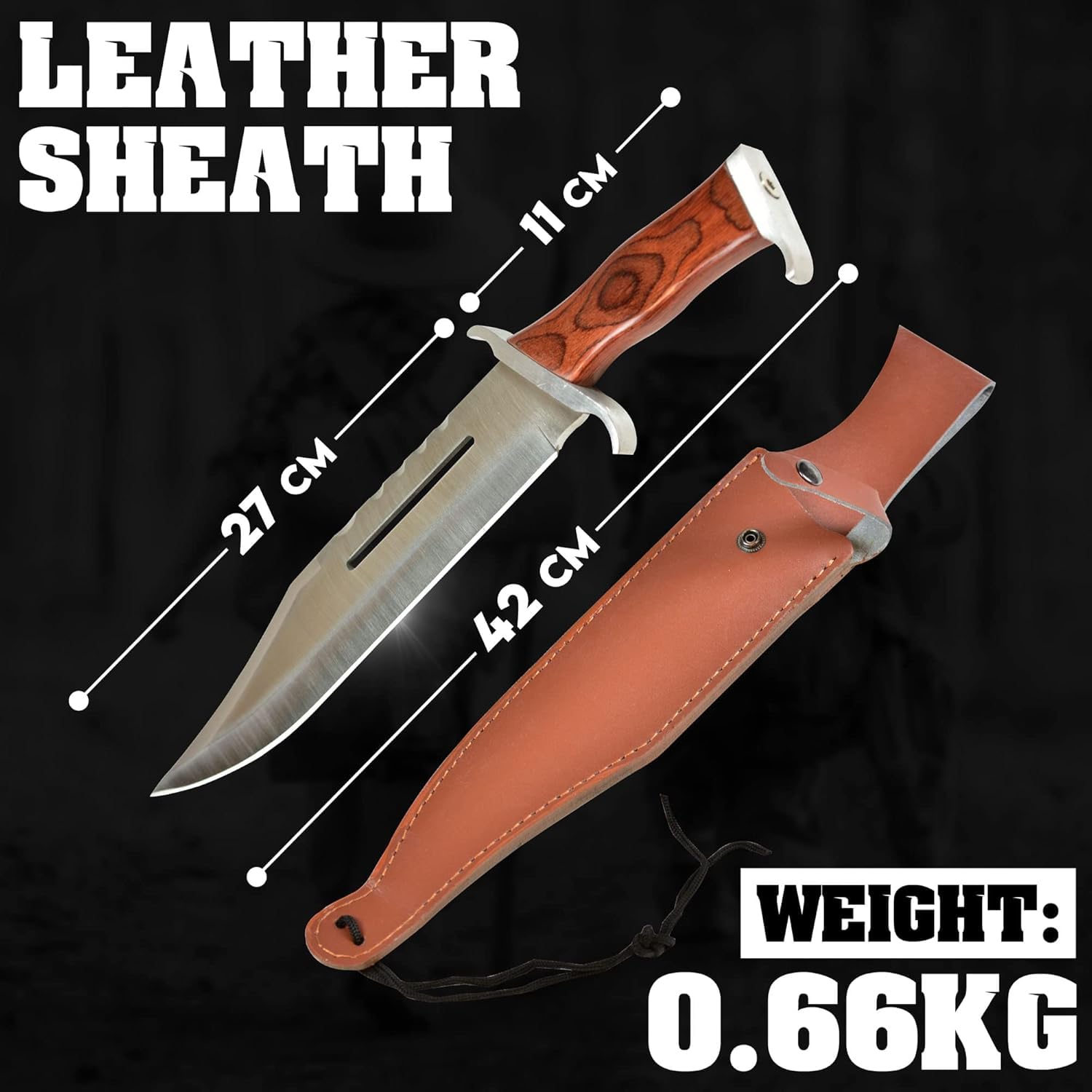 Swords and more Coltello da caccia con fodero in pelle – Lama fissa in acciaio inox, coltello outdoor per campeggio, escursionismo e attività all’aperto