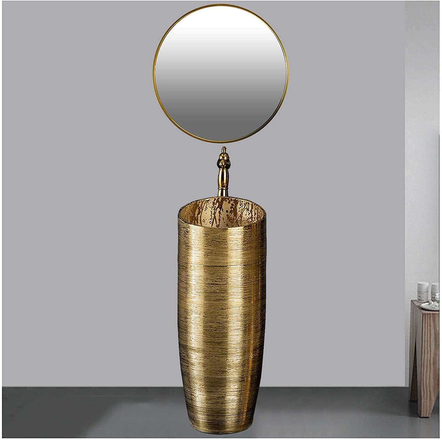 OLSKFUH Freestanding Pedestal Sink Floor Standing Art Sink Bathroom Pedestal Sink, Pedestal Bathroom Sink, Pedestal Lavatory Sink, Compact Gold Plated Sink For Indoor And Outdoor,A-With Mirror