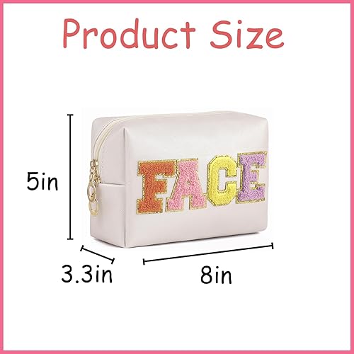 Miniatura 2 de uekeboag Bolsa de maquillaje de piel sintética con cremallera, bonitos parches de letras de chenilla, bolsa de aseo de viaje rosa para mujeres y