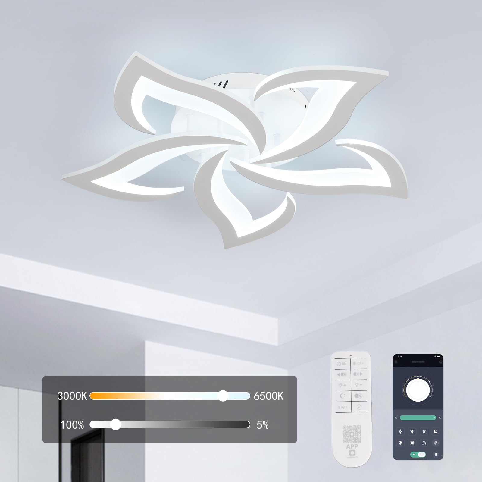 Goeco Dimmable Ceiling Light, White 5-Petals Flower Design Flush Mount Ceiling Lights Fixture, 3000K-6500K LED Acrylic with APP/Remote Control for Bedroom, Dining Room, Living Room, Kitchen