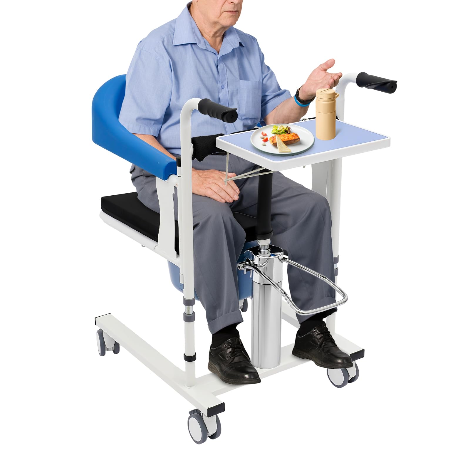 Sollevatore idraulico per pazienti, fino a 100 kg, altezza regolabile da 42 a 60 cm | Quattro ruote in TPE con freni e secchio rimovibile, schienale pieghevole a 180°, per anziani disabili (blu)