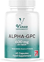 Vinco Alpha GPC 600mg in One Capsule - 60 Capsules = 60 True Servings - Pure Choline Supplement - Nootropic for Brain Support, Focus, Memory, Motivation & Energy - Alpha GPC Rich - Made in The UK