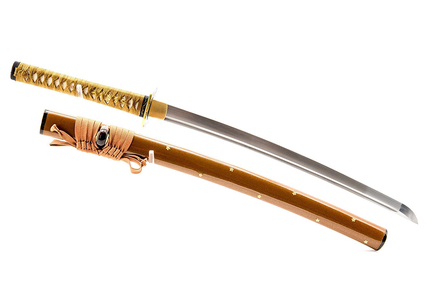 Samurai Wakizashi Plum Blossom Sword, Fully Hand Forged, 1045 Carbon Steel Damascus Blade, Clay Tempered, Sharp, Warrior and Fuji Tsuba, Brown Scabbard with Golden Dotted Patern