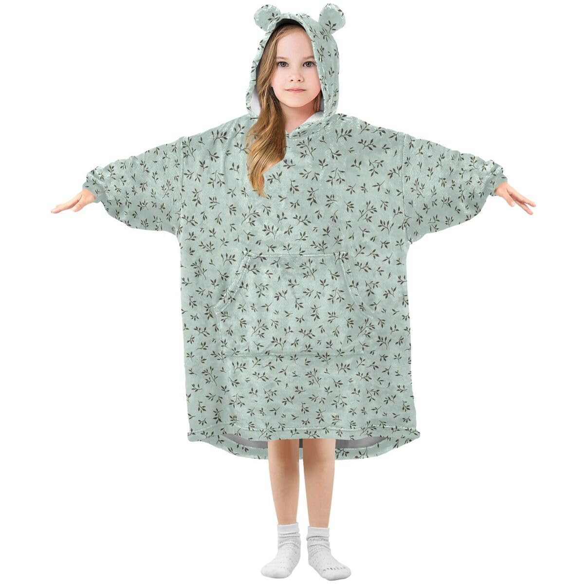 Uroczy kwiatowy Lleaves dziecięcy koc do noszenia z kapturem oversize bluza koc sweter zielony dla chłopców i dziewcząt w wieku 3-14 lat, multi, 150-170