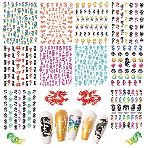 Nail Art Stickers Dragon Design, 10 Sheets 3D Self-Adhesive Dragon Nail Art Decals, DIY Manicure Tattoos for Fingernails, Acrylic Nails Colorful Waterproof Ultra Thin Nail Decorations