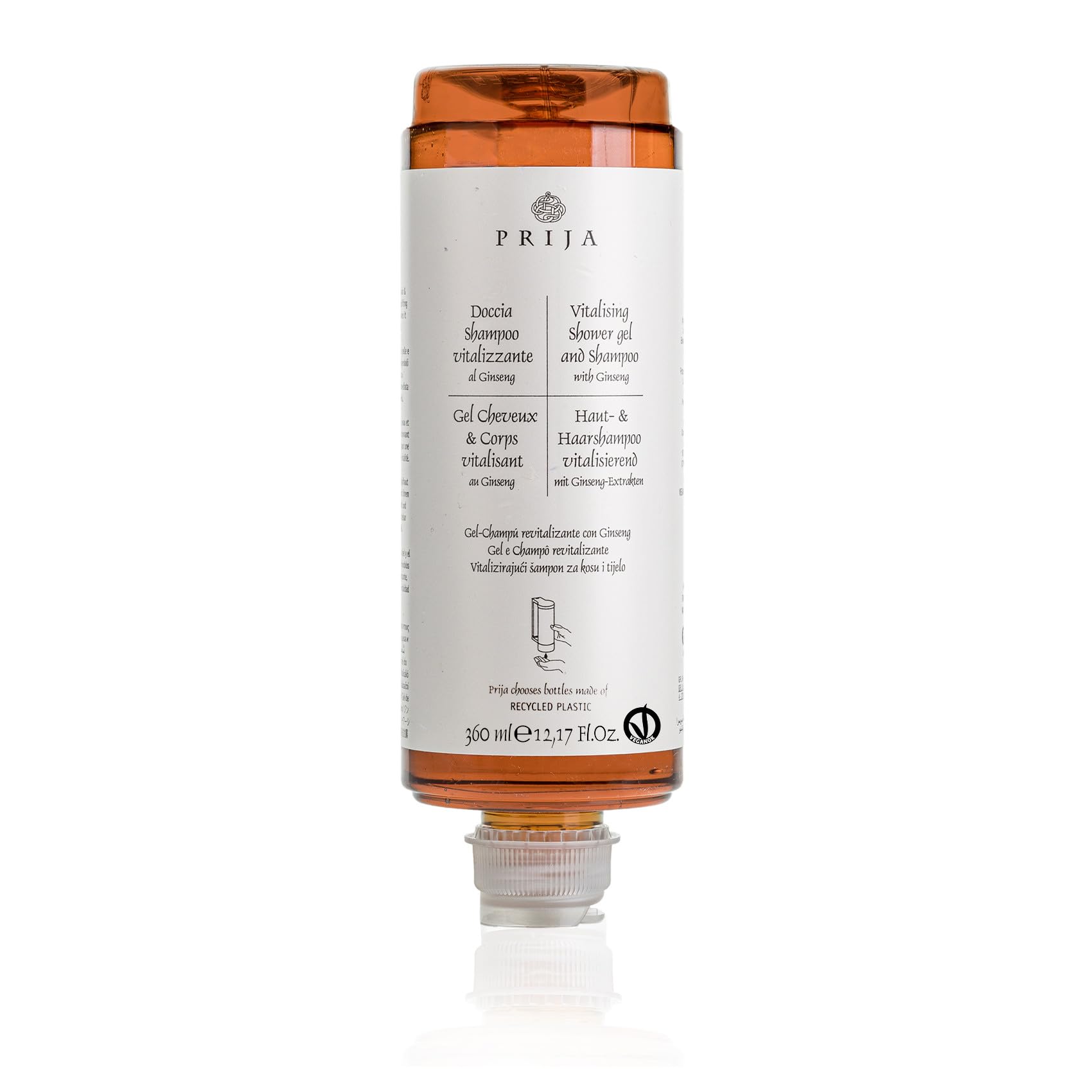 Prija Shampoo per pelle e capelli rivitalizzante con ginseng 360 ml Cysoap pressa cartuccia dispenser Flkon Hair & Body Gel doccia Hotel Spa Wellness Appartments (18 x 360 ml)