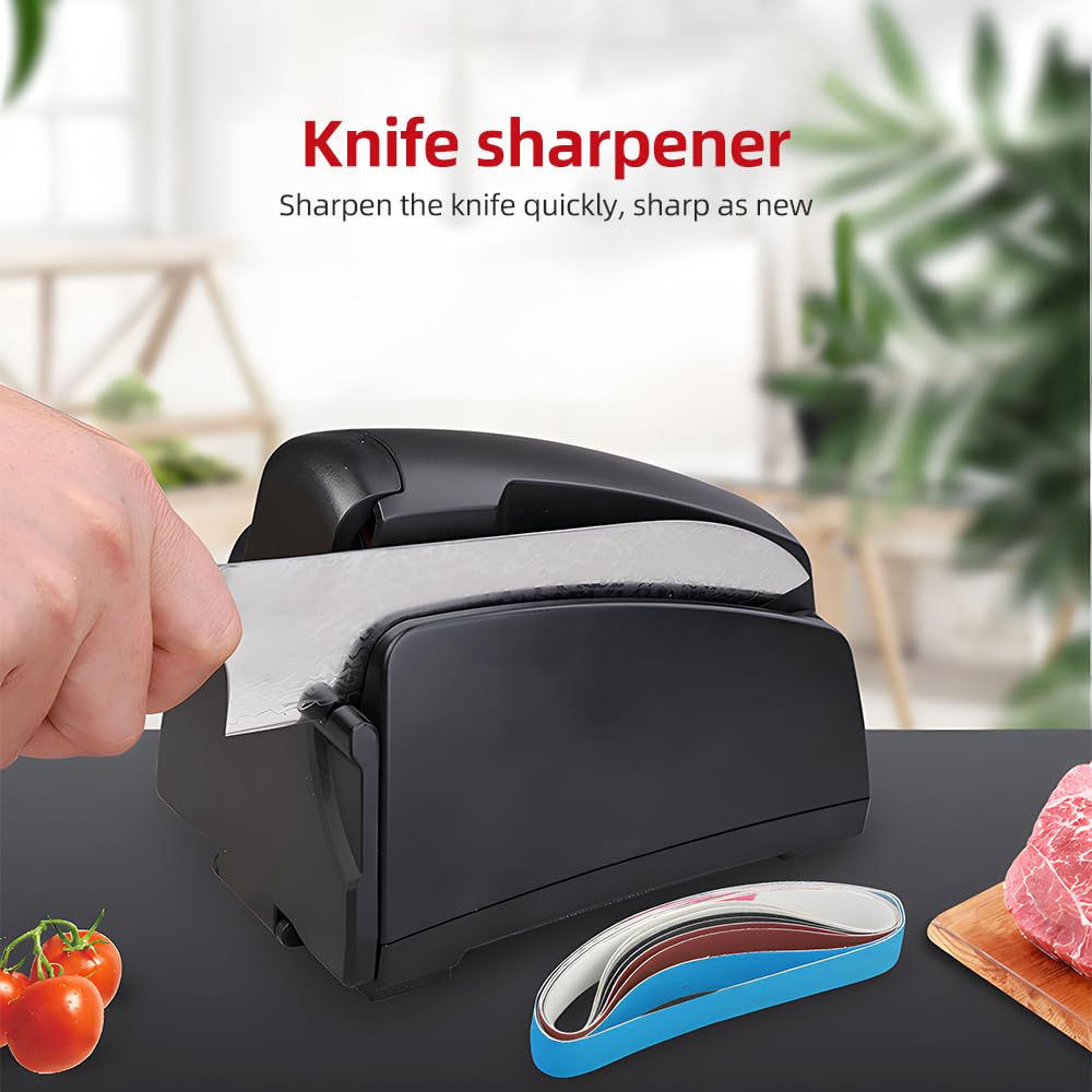 Kavolet Afilador de cuchillos eléctrico para cuchillos de cocina, afilador de tijera con banda abrasiva con grano 120/320/600/1000 y cepillo de limpieza, herramienta portátil para afilador de