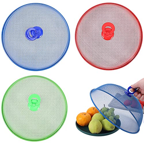 Hunphy 3 Piezas Protector de Cubierta de Comida, Cubierta de Malla para Alimentos, Cubierta Comida Malla Metálica, Protección contra Moscas de Metal con Asa, para Cocina, Picnic (3 Colores) Cover