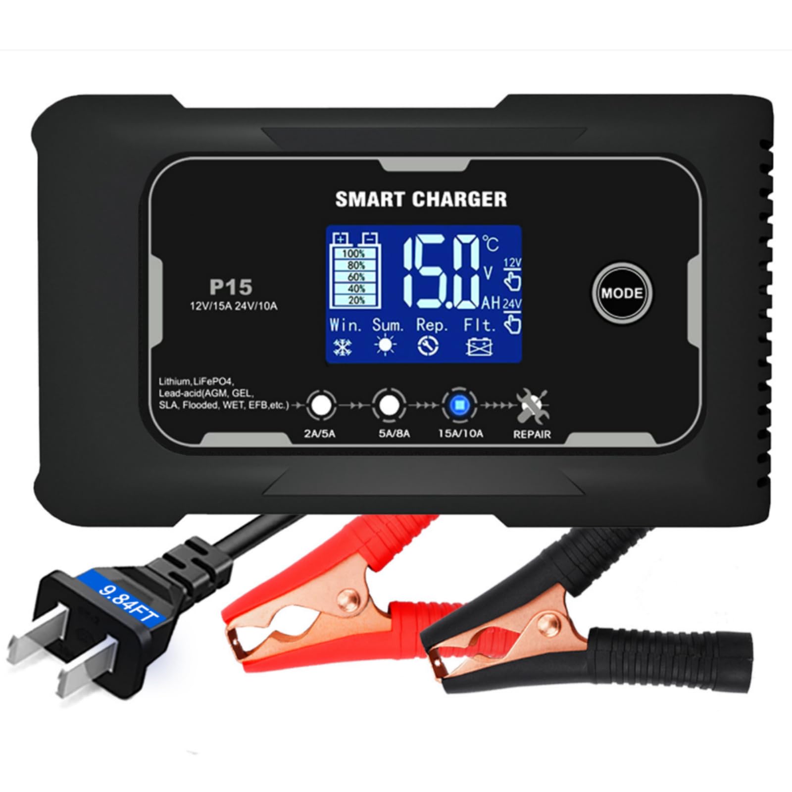 Ładowarka samochodowa P15 12V/24V 15A, inteligentna, podtrzymująca ładowanie, 9-etapowe ładowanie z wyświetlaczem LCD, przełączanie wielu trybów dla akumulatorów kwasowo-ołowiowych AGM litowo-LiFePO4