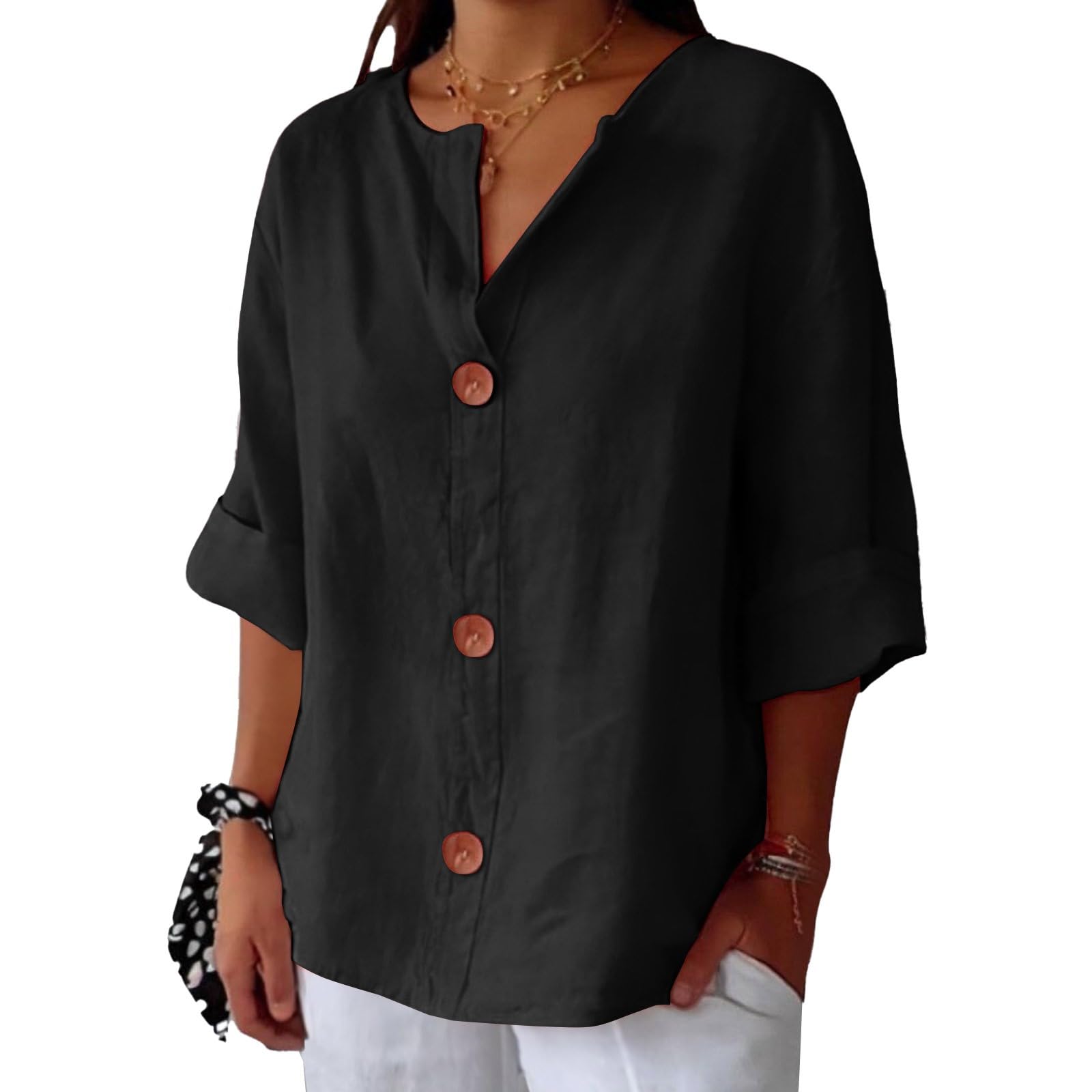 Linen Shirts for Women Summer 2025 Cotton Linen V Neck 3/4 Sleeve Tops Loose Vacation Beach Solid Blouses Tunic