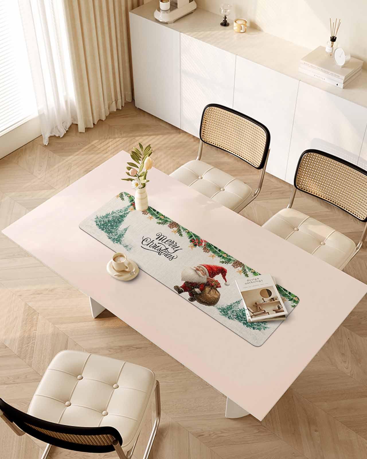 Debedcor Heat Proof Table Pads Waterproof Decorative, Christmas Gnomes Non-Slip Table Countertop Protector, Beige Xmas Trees Present Snow Winter Insulation Mat for Dining Room, 48 x 12 Inches