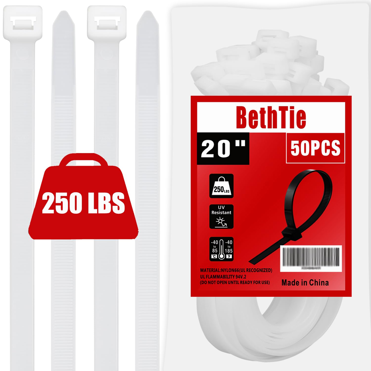 20 inch (Width : 12mm) White Long Zip Ties Heavy Duty 50 Pack, 250 LBS Ultra Strong Plastic Wire Ties, Large Cable Ties Extra Long Tie Wraps For Indoor and Outdoor Use