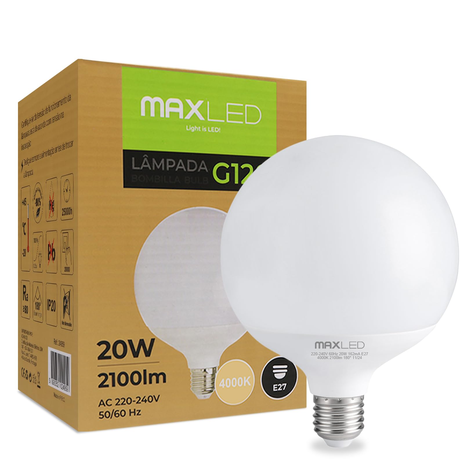 Maxled, Light is Led! G120 Screw in Light Bulb E27 Edison ES LED Bulb 20W Equivalent 160W Natural White 4000K 2100lm Energy Saving Lightbulbs Non-dimmable for Lamp AC230V Φ120 x 158mm