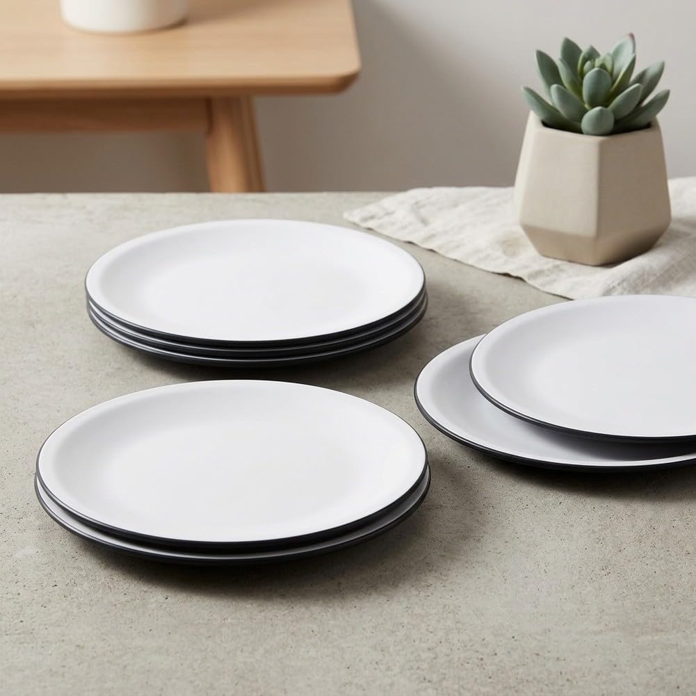 Juego de 4 platos planos redondos de melamina, delgados, negros para borde