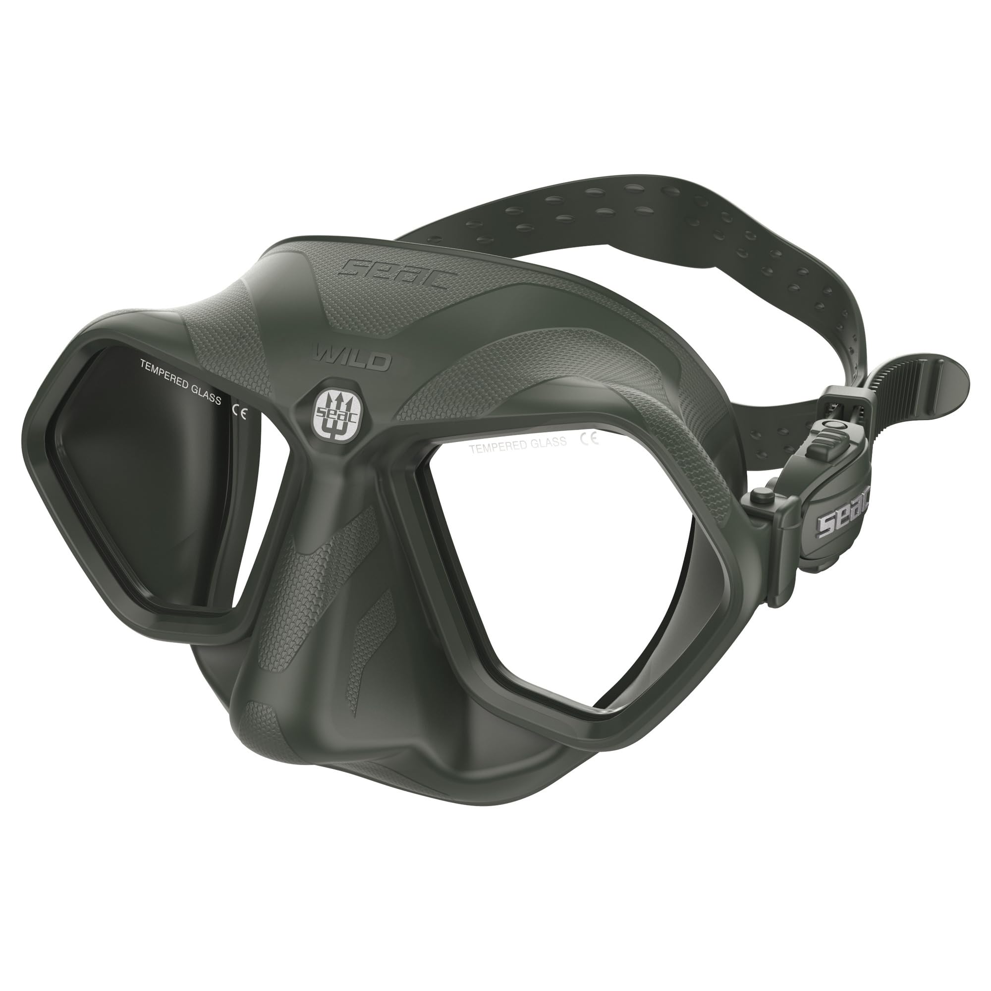 SEAC Wild - Maschera subacquea anti-appannamento a doppia lente per apnea e pesca subacquea, colore: verde militare