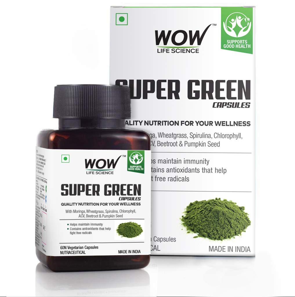 WOW Life Science Super Green Capsules - with Moringa, Wheatgrass, Spirulina, ACV, Beetroot, Chlorophyll & Pumpkin Seed - 550mg - 60 Veg Capsules