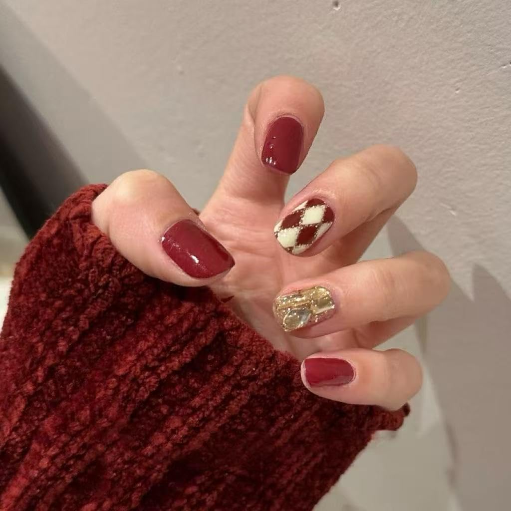 Cat eye press-on nails, medium square false nails with pink design, reusable artificial glue-on nails in a gradient style, suitable for women and girls (S-M-L Red Short). (m)