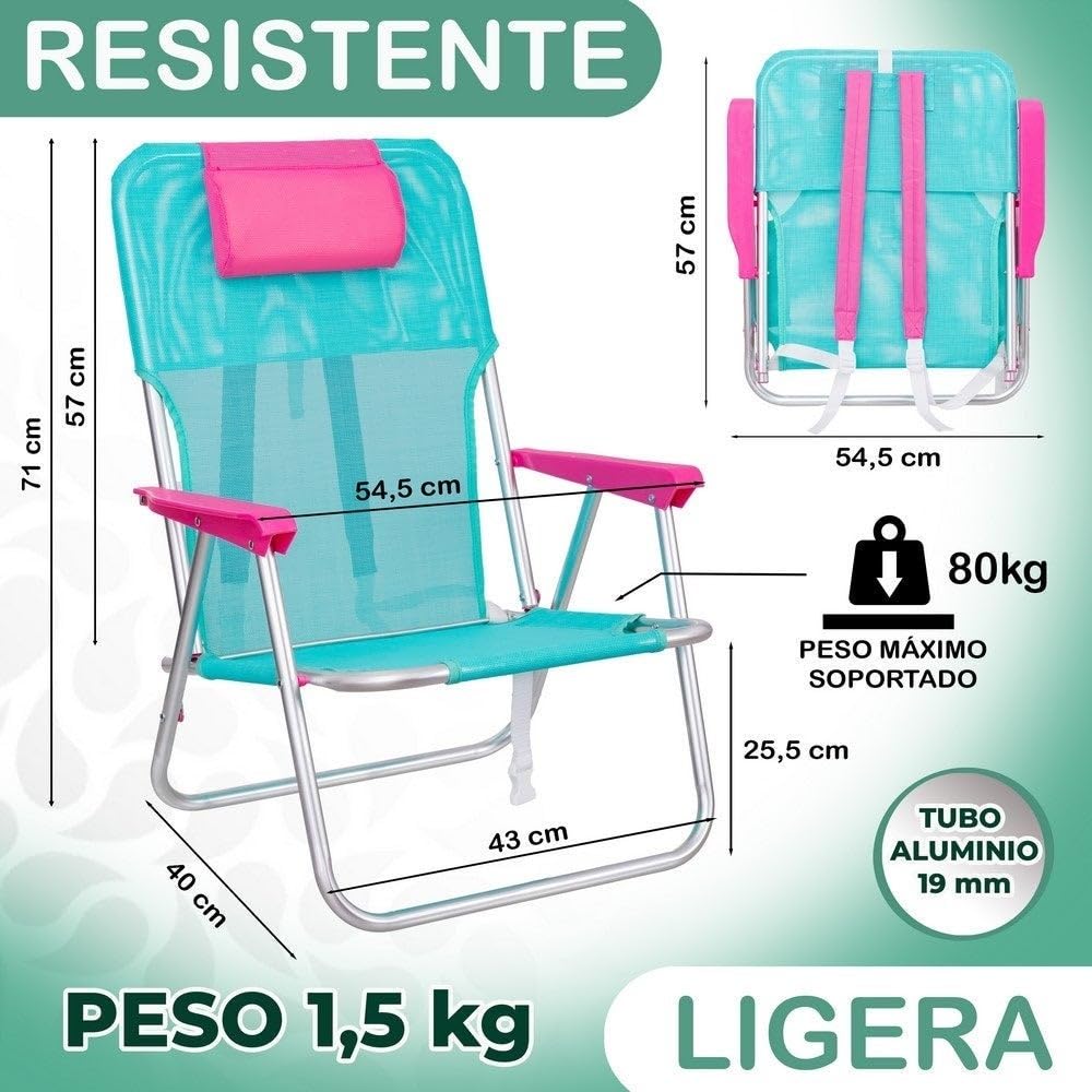 LOLAhome Silla Playa Camping Mochila Junior, Plegable de Aluminio y textileno Aguamarina, Silla Fija de 55x40x71 cm, con cojín Cervical Rosa, Correas Acolchadas y Ajustables