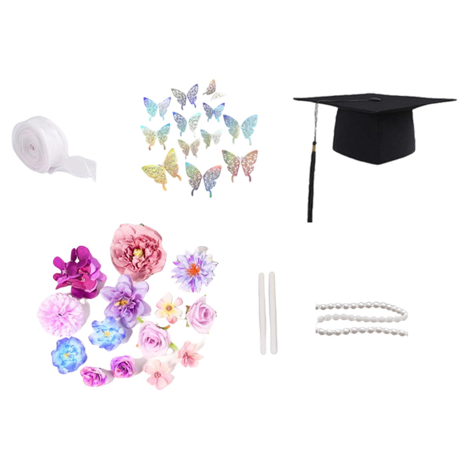 Qusinfc Hat Embellishment Set Including Butterfly Sticker Artificial Flower Pearls Strands for Graduation Hat Top Scrapbooking Embellishments for Graduation