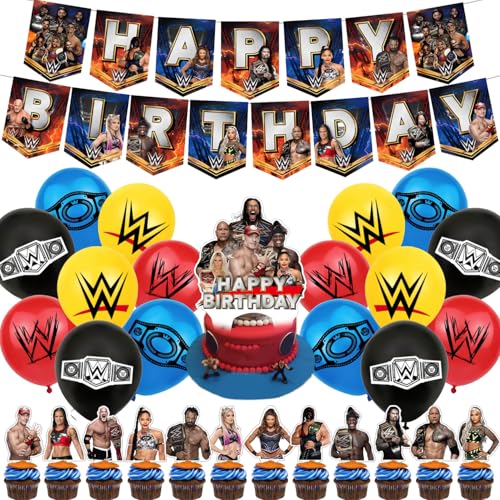 Westing Birthday Backdrop Westing Boxing Poster for Wwe Theme Party Decorations Includes 18 Balloons Cake Topper 24 Cupcake Toppers