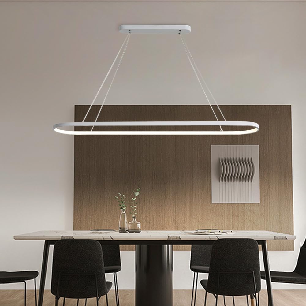 Lustre LED long à bande, suspension en métal en forme d'anneau, style moderne et simple, hauteur réglable, blanc - 120 cm, 3 couleurs. Idéal pour salle à manger, bar, îlot de cuisine ou salon.