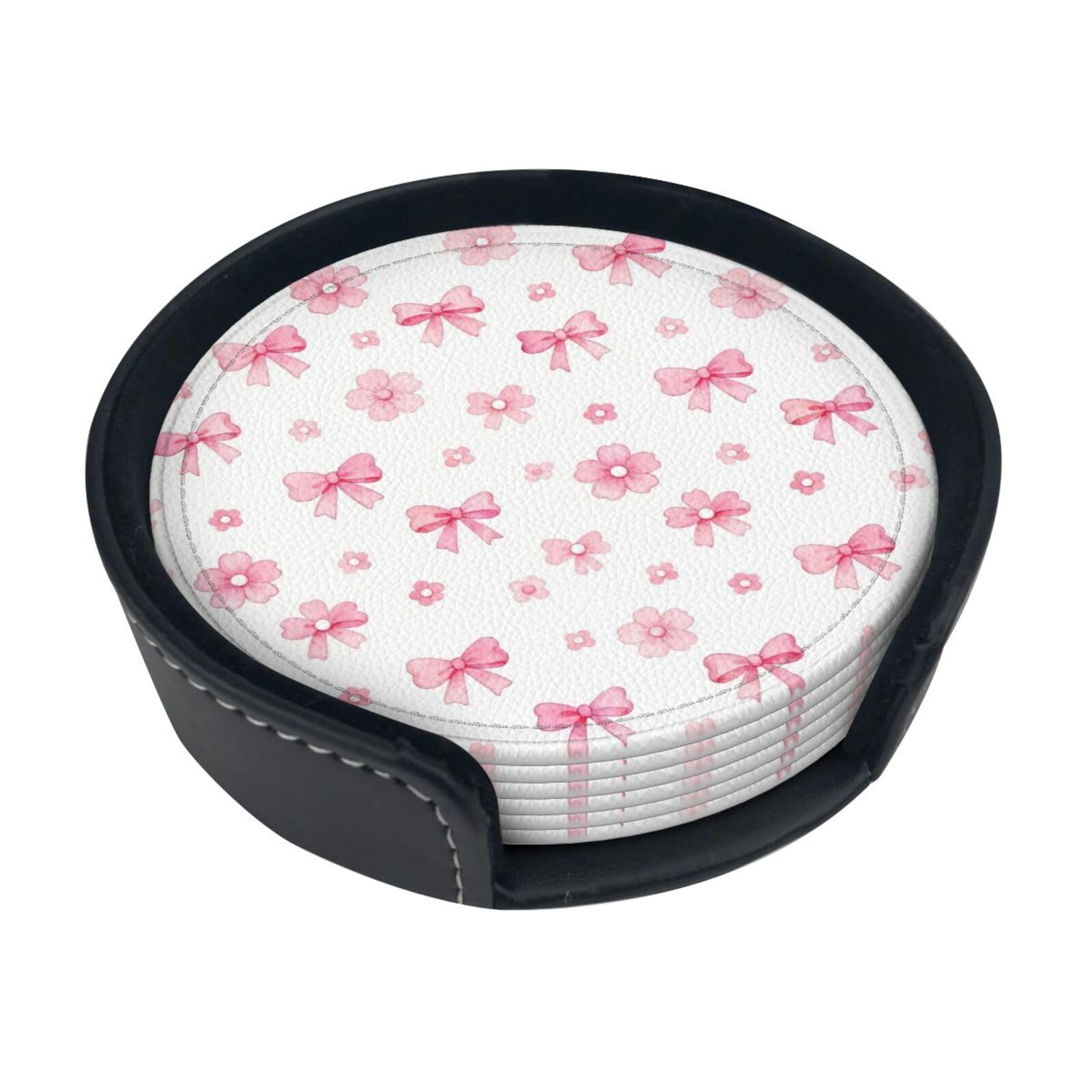 Cntdbu White Bow Flower Seamless Leather Coasters Set Of 6-Pu Leather Drink Mats For Table, Heat Resistant Round Coasters With Holder