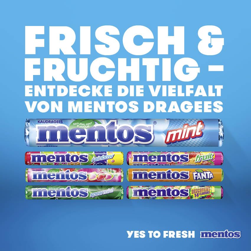 Mentos Rainbow Dragees, Frucht-Bonbons mit Orange, Erdbeer, Apfel, Heidelbeere, Himbeere, Melone & Grapefruit Geschmack, Süßigkeiten Multipack (40 Rollen), vegan 6