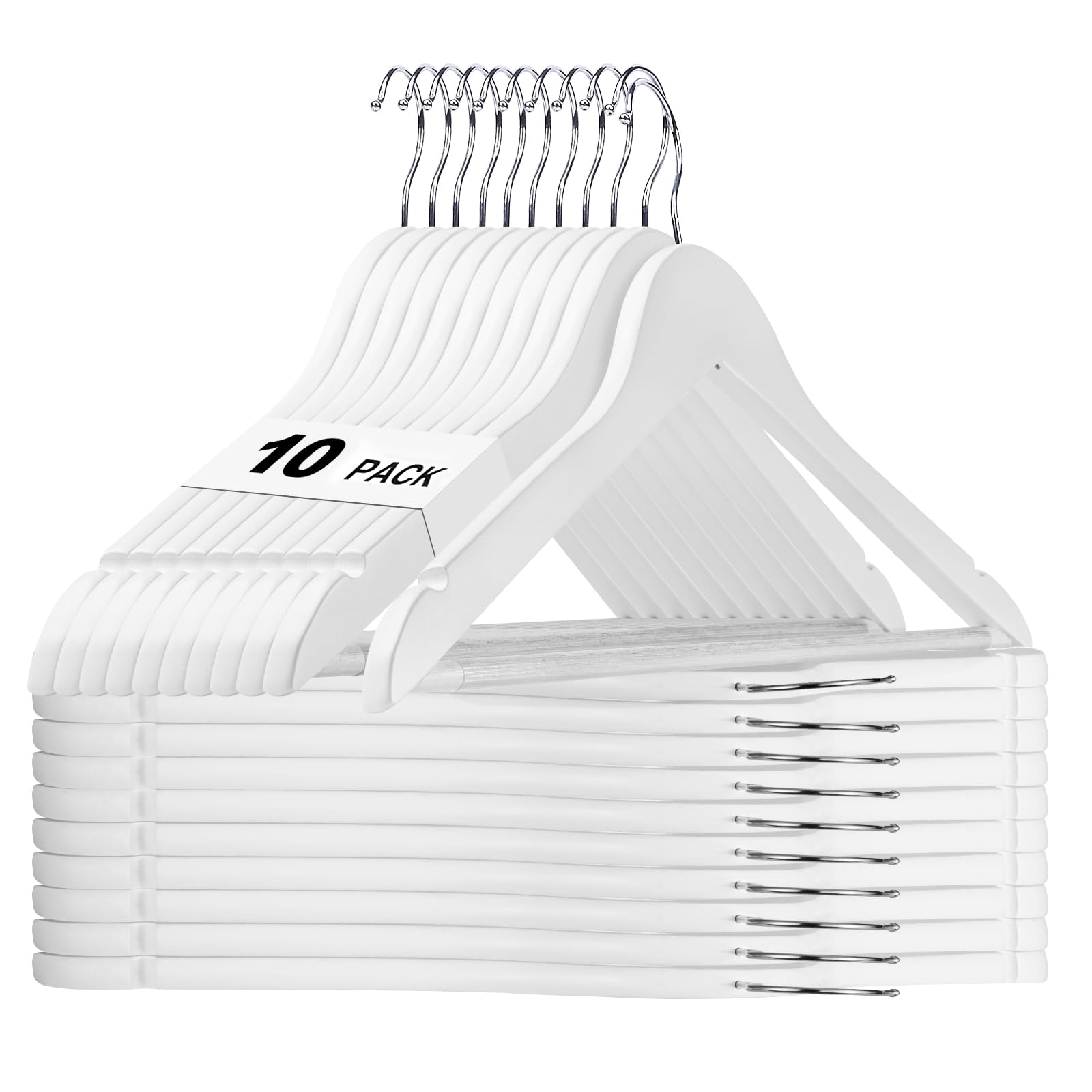 HOUSE DAY White Wooden Hangers 10 Pack, Solid Wood Hanger with Non Slip Pant Bar, Heavy Duty Wooden Coat Hanger for Closet, Smooth Finish Wood Clothes Hangers for Shirts, Suits Jackets, Dress