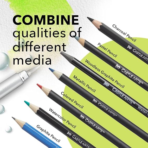 Castle Art Supplies Mixed Media Set | 120+ Art Pencil Collection - Coloured, Watercolour, Pastel, Metallic, Graphite, Charcoal | Creative Freedom for Adult Artists, Colourists | in Neat Travel Case