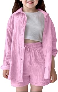 Summer Two-Piece Girls' Children's Summer Muslin Blouse Shirt and Shorts Two Piece Set Cotton Beach Outfit Set Oversize Leisure Suit Long Sleeve Leisure Suit Y2K Clothes Pink 5-6 Years