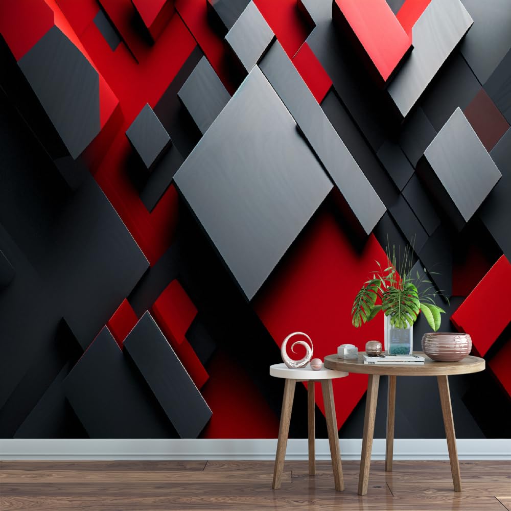 Solid Geometry Wallpaper 3D Wall Murals,Luxurious Red,Black Gray Stitching Large Wallpaper Mural,Artistic Photos Render Illustration Wallpapers,Suitable for Living Room Bedroom Dining Room-90 Hx144 W
