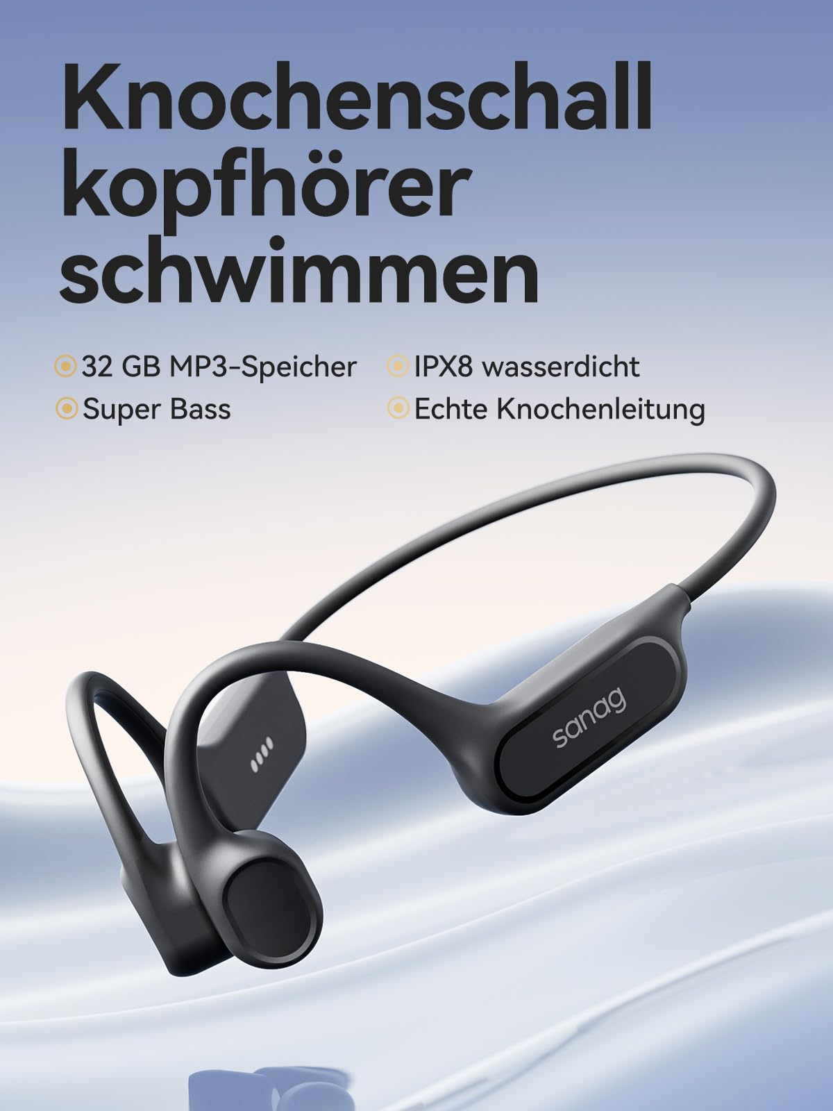 Sanag B33S Knochenschall Kopfhörer Schwimmen, IPX8 Wasserdichte Bluetooth Open Ear Kopfhörer mit Mikrofon, 32GB MP3 Speicher, Anruf-Rauschunterdrückung, 8 Stunden Wiedergabezeit, Unterwasser Kopfhörer