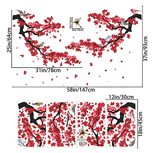 3D Red Plum Branch Wall Sticker Creative Flower Birds Frolic Pastoral Style Wall Decals Removable Peel And Stick For Kids Girls Bedroom Living Room Office Tv Background Classroom Art Wall Decor (A) #TOP6