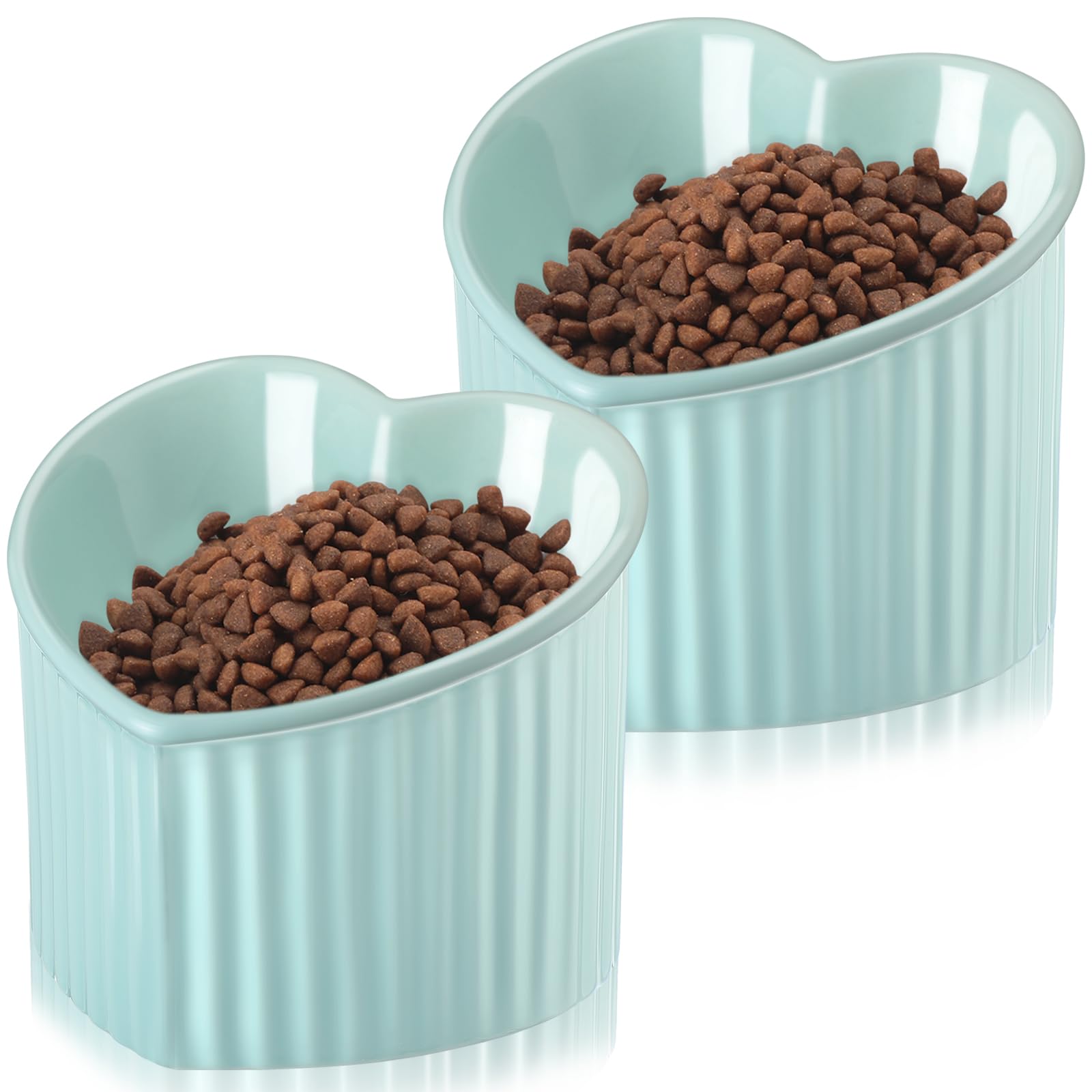 Mumufy 2 Pcs Ceramic Elevated Cat Bowls Tilted Elevated Raised Pet Bowls Anti Vomit Cat Dish for Indoor Stress Free Water Dish Feeder for Puppies, Heart Shaped(Macaron Blue) — image 1