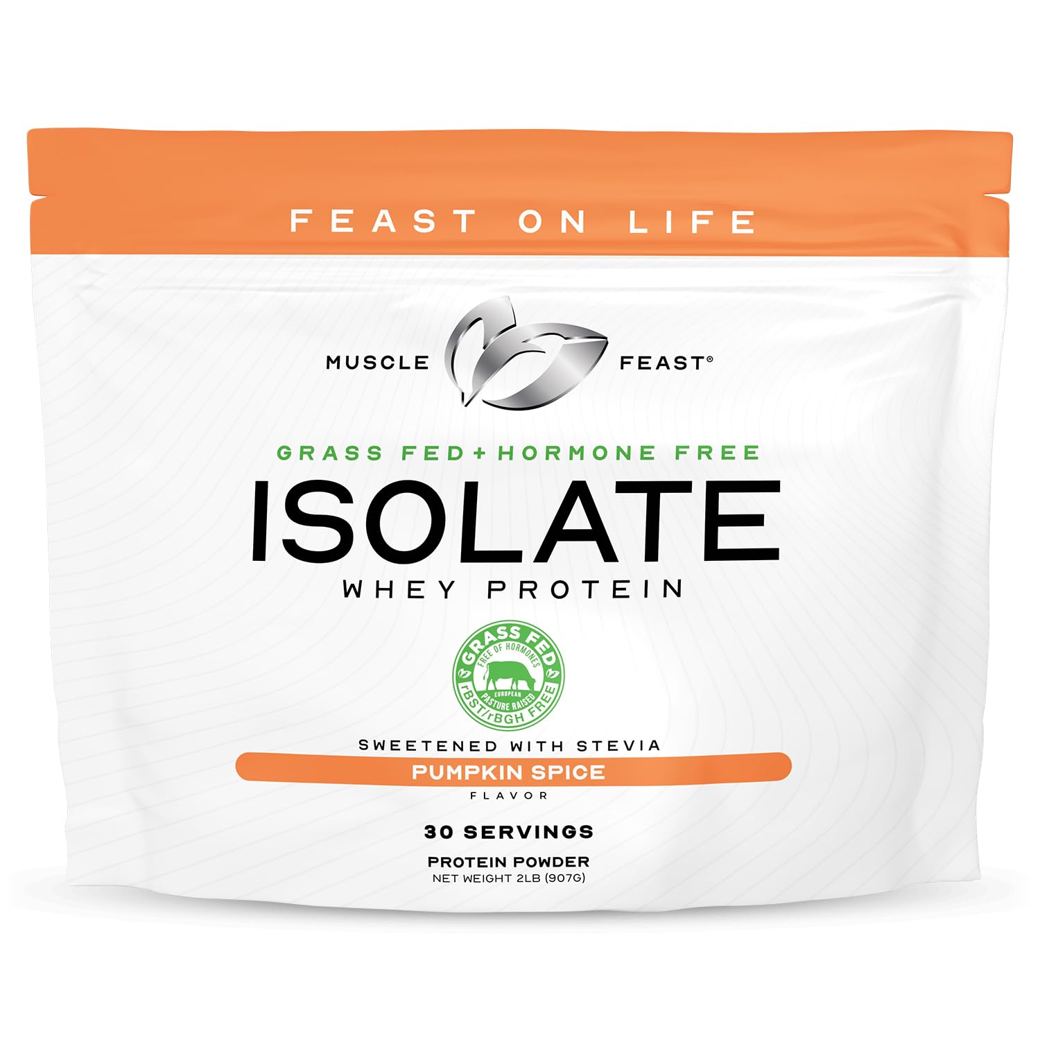Muscle Feast Grass-Fed Whey Protein Isolate, All Natural Hormone Free Pasture Raised, Pumpkin Spice, 2lb (36 Servings)